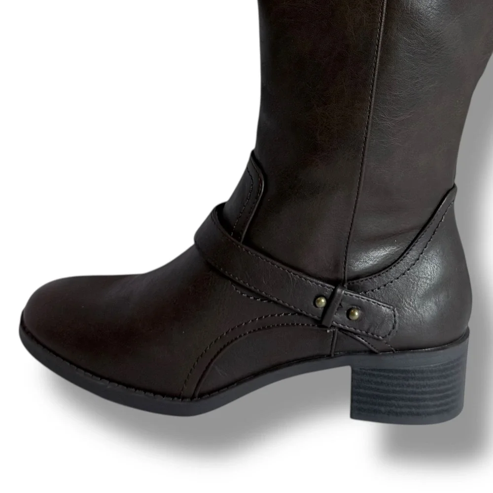 Easy Street Jewel Knee High Boots Womens Sz 8.5M Brown Strap Detail Side Zip NEW